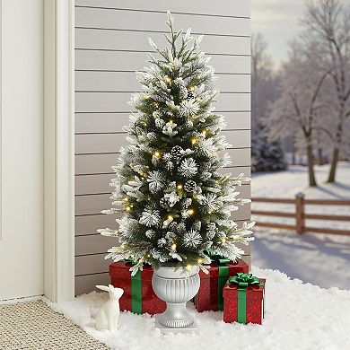 LuxenHome 4.5Ft Pre-Lit Green Artificial Christmas Tree with Light Faux Snow and White Pot