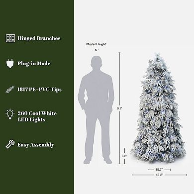 LuxenHome 6Ft Pre-Lit Full Snowy Branches Artificial Pine Christmas Tree with Pinecones and Stand