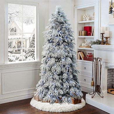 LuxenHome 6Ft Pre-Lit Full Snowy Branches Artificial Pine Christmas Tree with Pinecones and Stand
