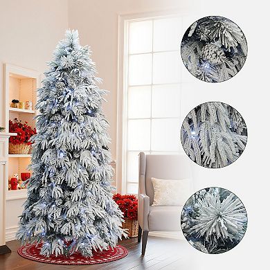 LuxenHome 6Ft Pre-Lit Full Snowy Branches Artificial Pine Christmas Tree with Pinecones and Stand