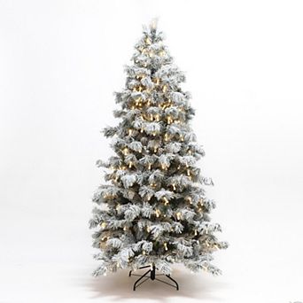 LuxenHome 7.5Ft Snow-Flocked Cedar Christmas Tree Pre-Lit with Teardrop LED Lights & Hinged Branches