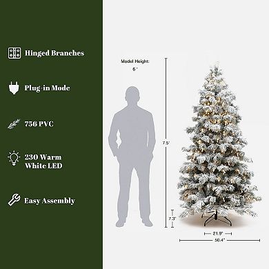 LuxenHome 7.5Ft Snow-Flocked Cedar Christmas Tree Pre-Lit with Teardrop LED Lights & Hinged Branches