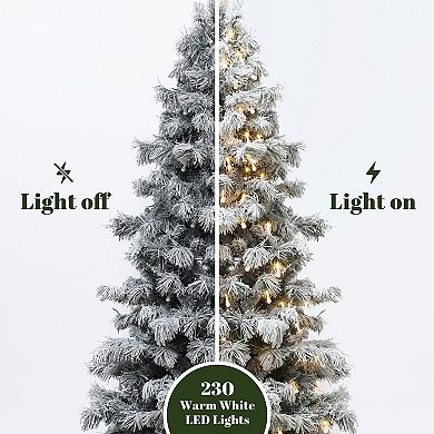 LuxenHome 7.5Ft Snow-Flocked Cedar Christmas Tree Pre-Lit with Teardrop LED Lights & Hinged Branches