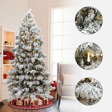 LuxenHome 7.5Ft Snow-Flocked Cedar Christmas Tree Pre-Lit with Teardrop LED Lights & Hinged Branches