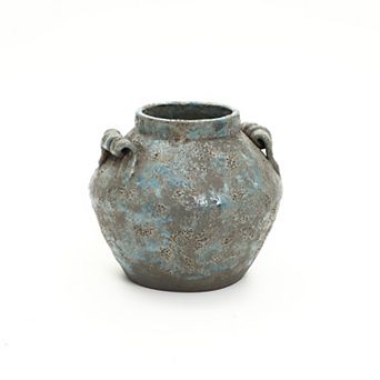 LuxenHome Antiqued Blue & Brown Terracotta Vase with Handles, 9" Round Farmhouse Vintage Pottery