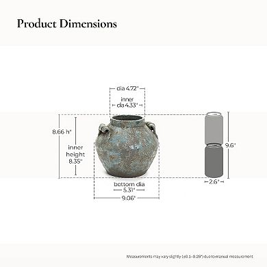 LuxenHome Antiqued Blue & Brown Terracotta Vase with Handles, 9" Round Farmhouse Vintage Pottery