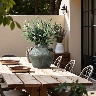 LuxenHome Antiqued Blue & Brown Terracotta Vase with Handles, 9" Round Farmhouse Vintage Pottery