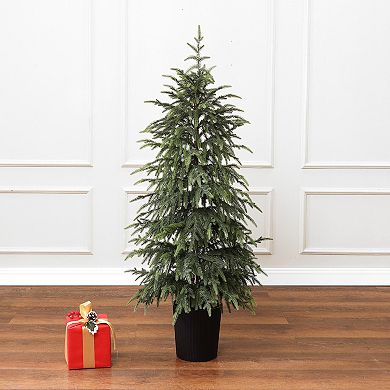 LuxenHome 4Ft Artificial Green Branches Christmas Fir Tree Potted