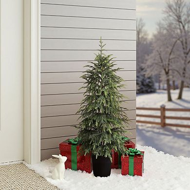 LuxenHome 4Ft Artificial Green Branches Christmas Fir Tree Potted
