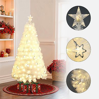 LuxenHome 5Ft White Fiber Optic Christmas Tree with Snowflake Lights, Holiday Centerpiece Décor