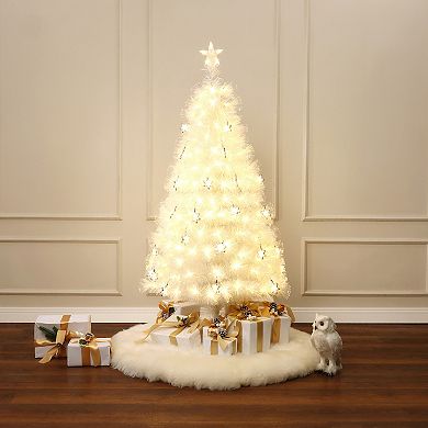 LuxenHome 5Ft White Fiber Optic Christmas Tree with Snowflake Lights, Holiday Centerpiece Décor