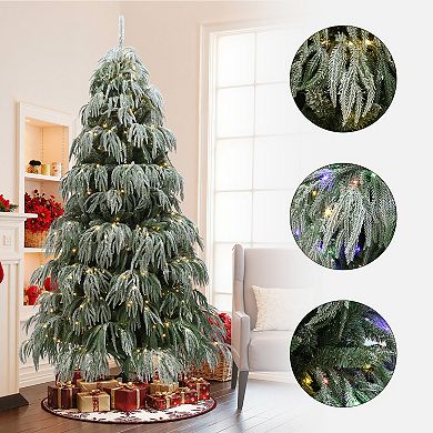 LuxenHome 7Ft Snow-Flocked Downswept Branches Artificial Christmas Tree with Multi-Color Lights
