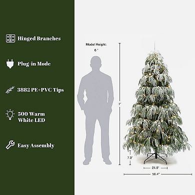 LuxenHome 7Ft Snow-Flocked Downswept Branches Artificial Christmas Tree with Multi-Color Lights