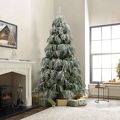 LuxenHome 7Ft Snow-Flocked Downswept Branches Artificial Christmas Tree with Multi-Color Lights