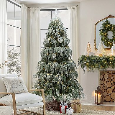 LuxenHome 7Ft Snow-Flocked Downswept Branches Artificial Christmas Tree with Multi-Color Lights