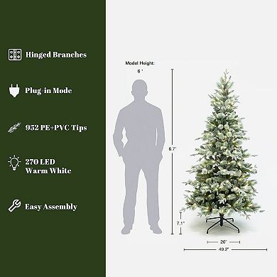 LuxenHome 6.5-Foot Pre-Lit Artificial Pine Christmas Tree with Frosted Green Branches with Stand