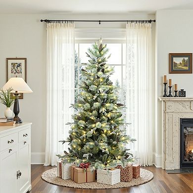 LuxenHome 6.5-Foot Pre-Lit Artificial Pine Christmas Tree with Frosted Green Branches with Stand