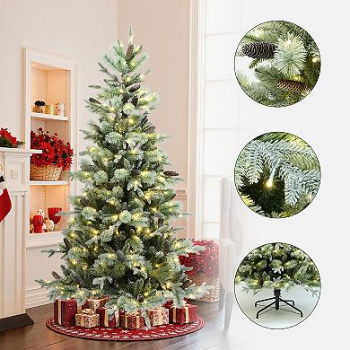 LuxenHome 6.5-Foot Pre-Lit Artificial Pine Christmas Tree with Frosted Green Branches with Stand