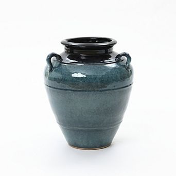 LuxenHome Ocean Blue Ceramic Vase with Handles, 15.75" Tall Amphora Pot for Rustic or Coastal Decor