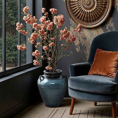 LuxenHome Ocean Blue Ceramic Vase with Handles, 15.75" Tall Amphora Pot for Rustic or Coastal Decor