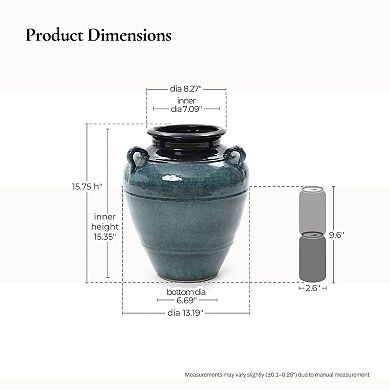 LuxenHome Ocean Blue Ceramic Vase with Handles, 15.75" Tall Amphora Pot for Rustic or Coastal Decor