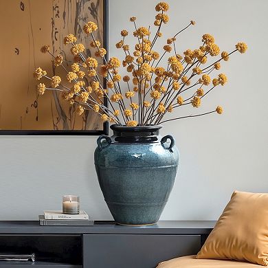 LuxenHome Ocean Blue Ceramic Vase with Handles, 15.75" Tall Amphora Pot for Rustic or Coastal Decor