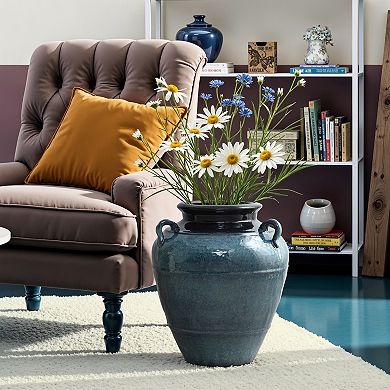 LuxenHome Ocean Blue Ceramic Vase with Handles, 15.75" Tall Amphora Pot for Rustic or Coastal Decor