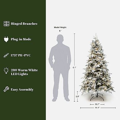 LuxenHome 6Ft Pre-Lit Flocked Artificial Pine Christmas Tree with Pinecones