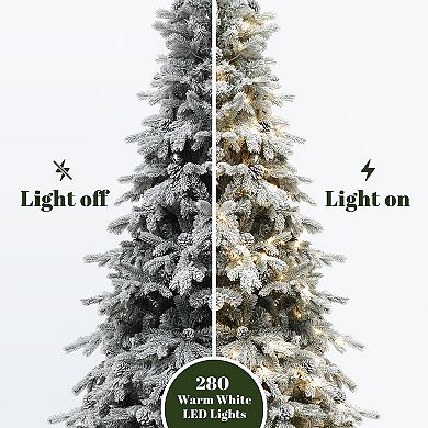LuxenHome 6Ft Pre-Lit Flocked Artificial Pine Christmas Tree with Pinecones