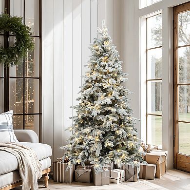 LuxenHome 6Ft Pre-Lit Flocked Artificial Pine Christmas Tree with Pinecones