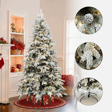 LuxenHome 6Ft Pre-Lit Flocked Artificial Pine Christmas Tree with Pinecones