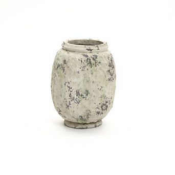 LuxenHome Antique Terracotta Vase, 10-Inch Tall Off-White Pot with Mossy Green Patina, Rustic Decor