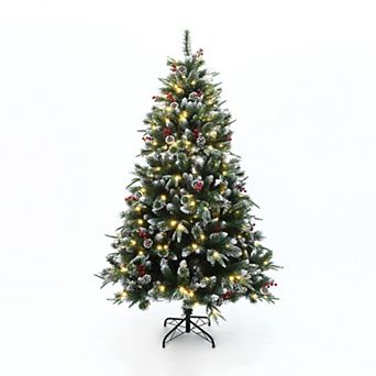 LuxenHome 6Ft Pre-Lit Artificial Pine Christmas Tree with Frosted Tips, Pinecones, and Red Berries