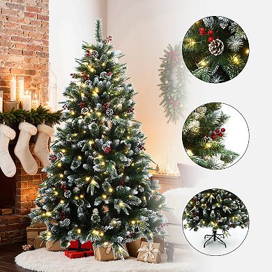 LuxenHome 6Ft Pre-Lit Artificial Pine Christmas Tree with Frosted Tips, Pinecones, and Red Berries