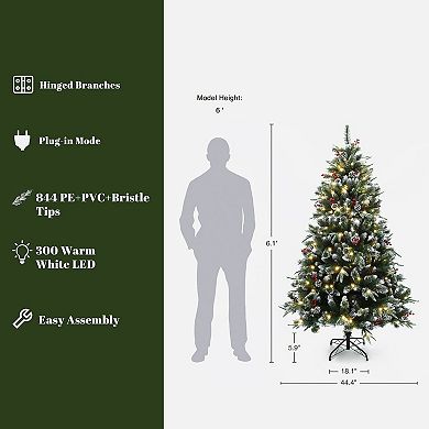 LuxenHome 6Ft Pre-Lit Artificial Pine Christmas Tree with Frosted Tips, Pinecones, and Red Berries
