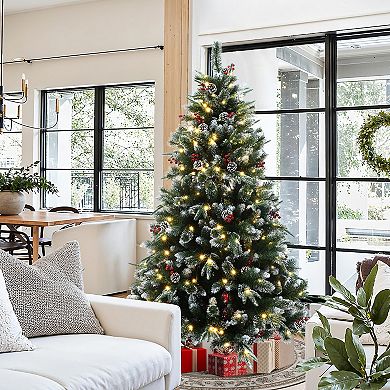 LuxenHome 6Ft Pre-Lit Artificial Pine Christmas Tree with Frosted Tips, Pinecones, and Red Berries
