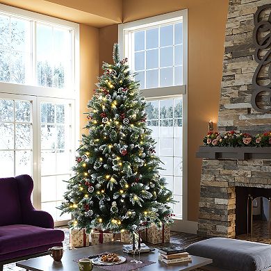 LuxenHome 6Ft Pre-Lit Artificial Pine Christmas Tree with Frosted Tips, Pinecones, and Red Berries