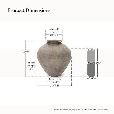 LuxenHome Rustic Ceramic Vase, 12.6" Tall Terracotta Pot with Earthy Gray-Brown Finish, Handcrafted