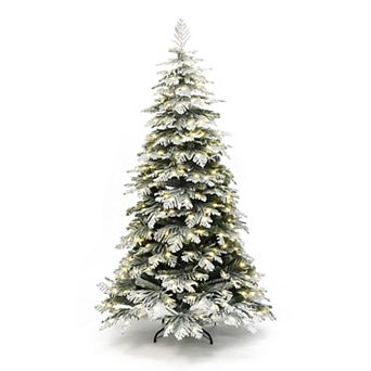 LuxenHome 6Ft Pre-Lit Flocked Artificial Spruce Christmas Tree with Metal Stand