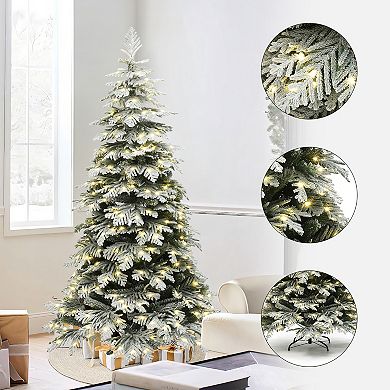 LuxenHome 6Ft Pre-Lit Flocked Artificial Spruce Christmas Tree with Metal Stand