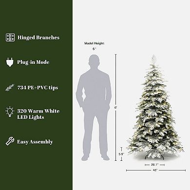 LuxenHome 6Ft Pre-Lit Flocked Artificial Spruce Christmas Tree with Metal Stand