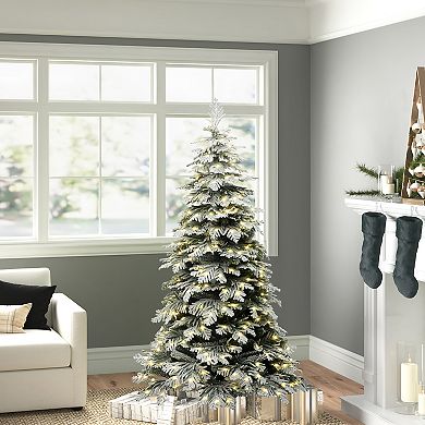 LuxenHome 6Ft Pre-Lit Flocked Artificial Spruce Christmas Tree with Metal Stand