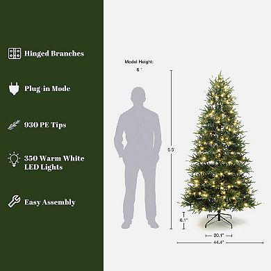 LuxenHome 6.5Ft Pre-Lit Green PE Branches Artificial Fir Christmas Tree with Metal Stand