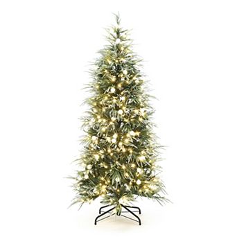 LuxenHome 6.5Ft Green & Frosty Branches Artificial Christmas Tree Pre-Lit with LEDs and Globe Bulbs