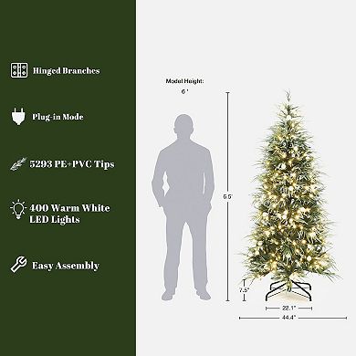 LuxenHome 6.5Ft Green & Frosty Branches Artificial Christmas Tree Pre-Lit with LEDs and Globe Bulbs