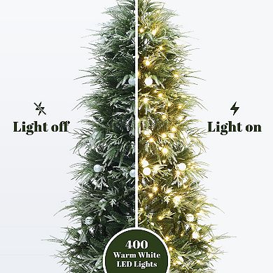 LuxenHome 6.5Ft Green & Frosty Branches Artificial Christmas Tree Pre-Lit with LEDs and Globe Bulbs