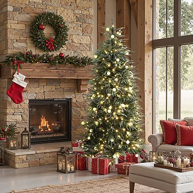 LuxenHome 6.5Ft Green & Frosty Branches Artificial Christmas Tree Pre-Lit with LEDs and Globe Bulbs