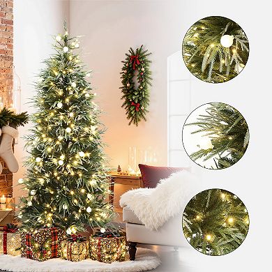 LuxenHome 6.5Ft Green & Frosty Branches Artificial Christmas Tree Pre-Lit with LEDs and Globe Bulbs
