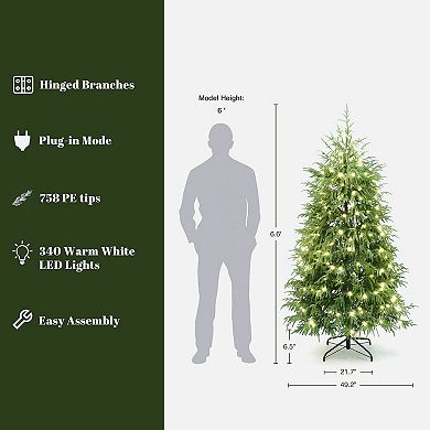 LuxenHome 6.6Ft Pre-Lit Green Full Artificial Cedar Christmas Tree with Metal Stand