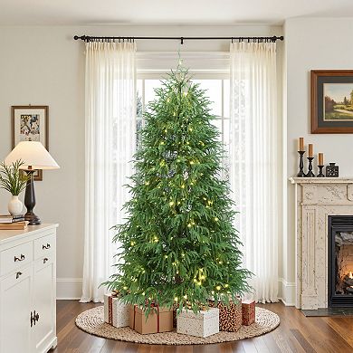 LuxenHome 6.6Ft Pre-Lit Green Full Artificial Cedar Christmas Tree with Metal Stand